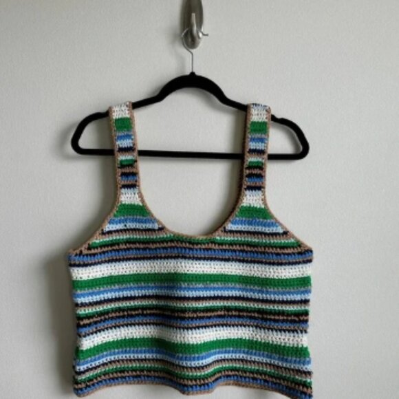 Frame Hand Crochet Tank Womens Large Green Blue White Brown Striped Knit Top - Picture 1 of 7